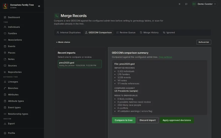 GEDCOM import summary showing parsed, validated and enriched records