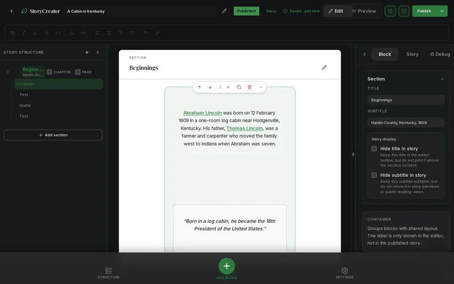 Story editor with text linked to people in the family tree