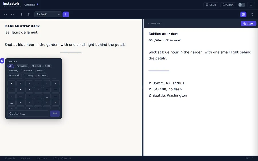 The bullet picker with categories of markers and a custom field