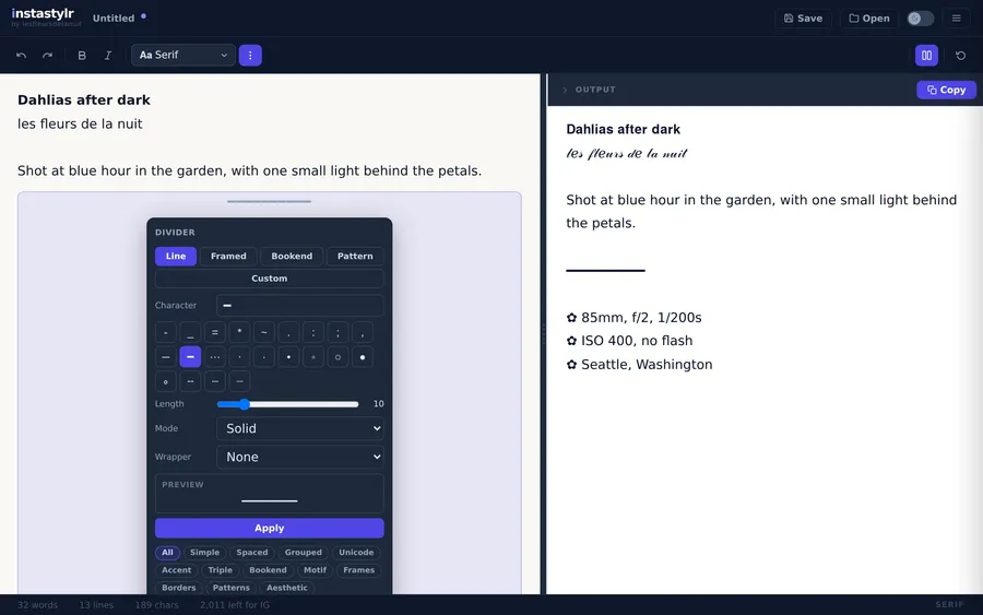 The divider builder with character, length, mode and wrapper controls and a preview