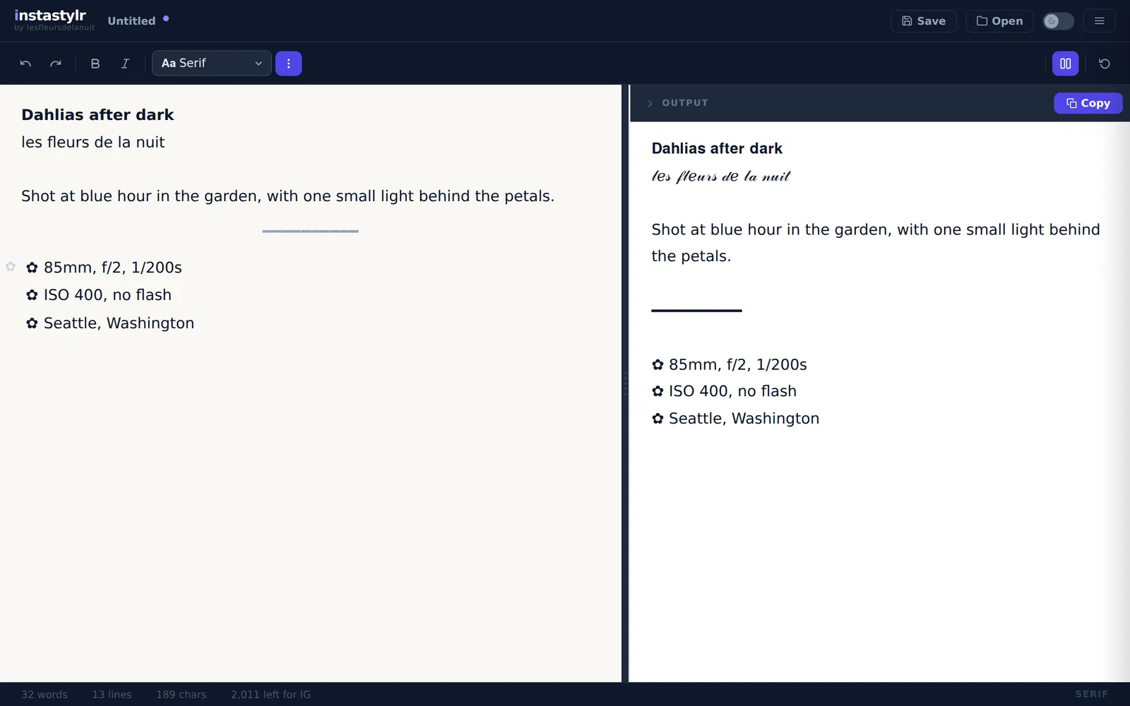 The editor on the left with a styled caption, and its plain-text output on the right