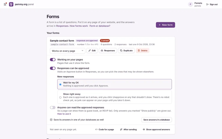Form settings with approval and publishing switches in plain words