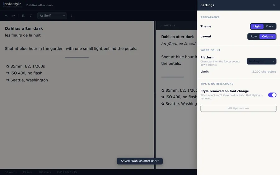 Settings with theme, layout and the platform whose character limit is counted