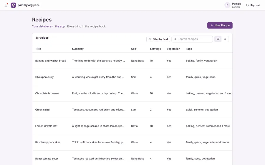 The recipes table shown as an app, with cooks, servings and tags